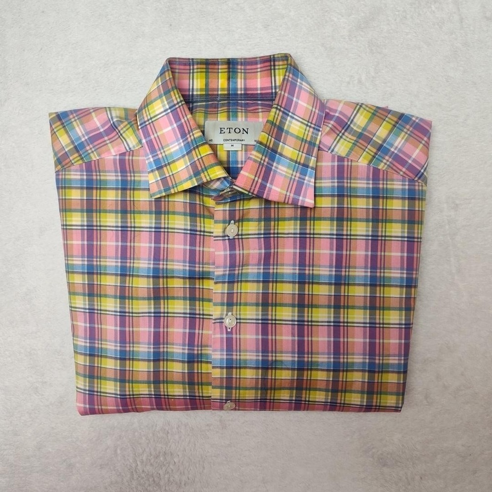 Eton Shirt Mens M Pink Plaid Slim Spread Collar Dress Long Sleeve Contemporary
